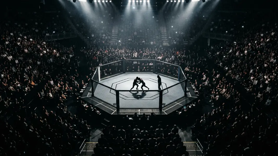 UFC octagon arena packed with fans watching live fight streaming on Yalla TV